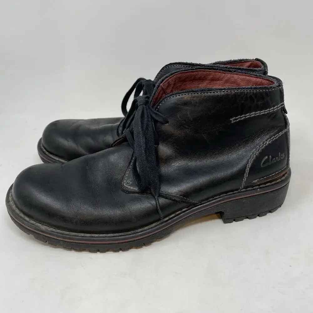 Clarks Chukka Ankle Boots Size 8 Black Leather Rugged Distressed Lug Sole